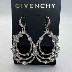 Givenchy Silver Tone Crystal Chandelier Dangle Earrings Leverback Teardrop